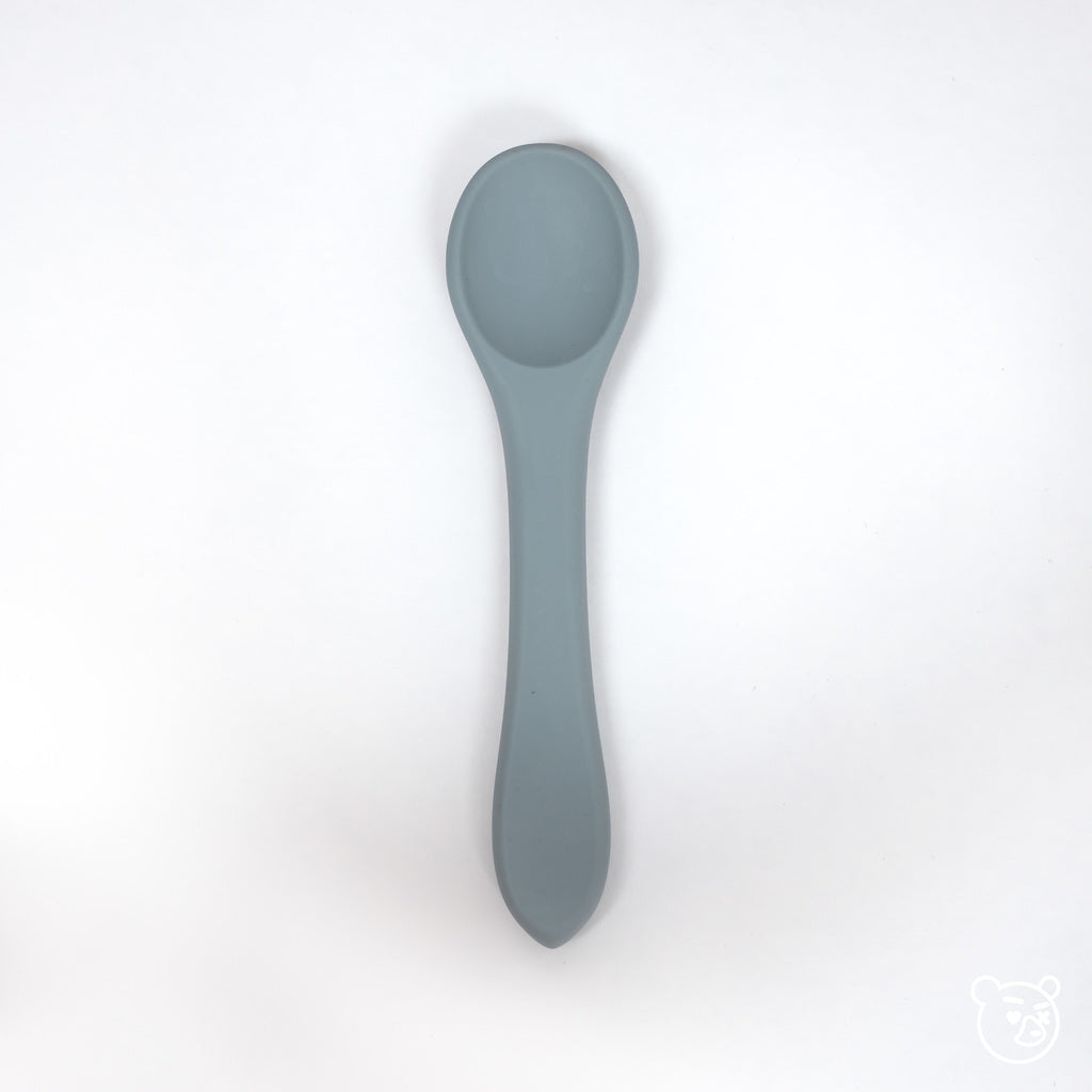 image of 100% food grade silicone toddler sized spoon in pale blue