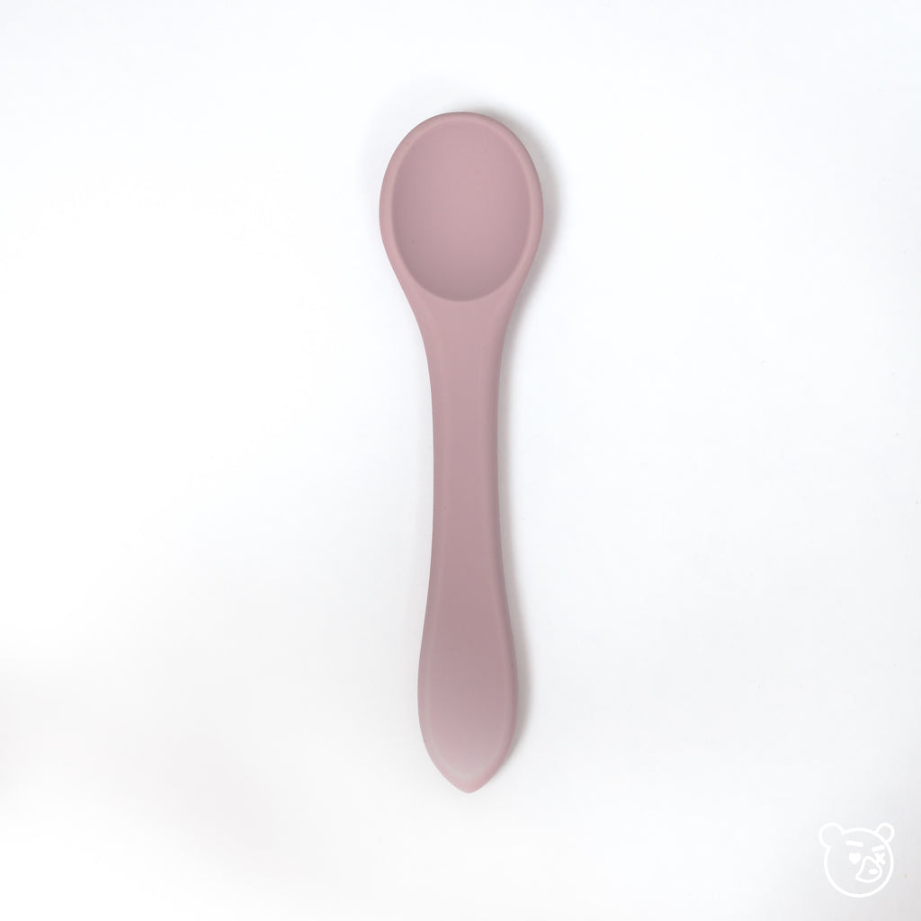 image of 100% food grade silicone toddler sized spoon in pale mauve