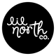 brand logo cursive script saying lil north co in white on a black circle background