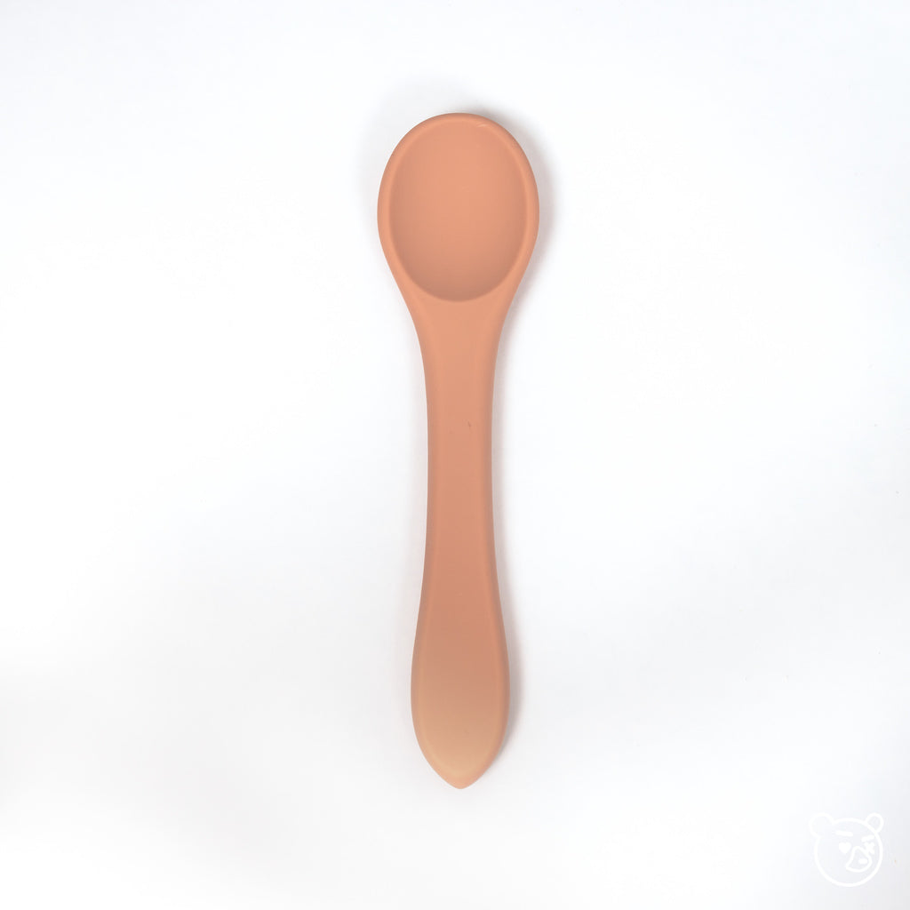 image of 100% food grade silicone toddler sized spoon in terracotta