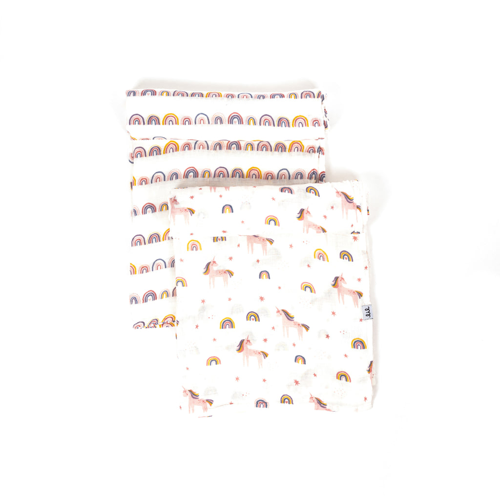 safety tested bamboo cotton muslin swaddle blanket set of two rainbow and unicorn in bright colours
