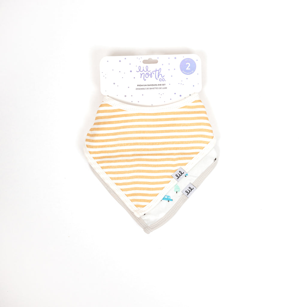 Perfectly packaged set of two bandana bibs including ochre stripe with white trim bandana bib and city cars on grey ground with bright cars bandana bib.