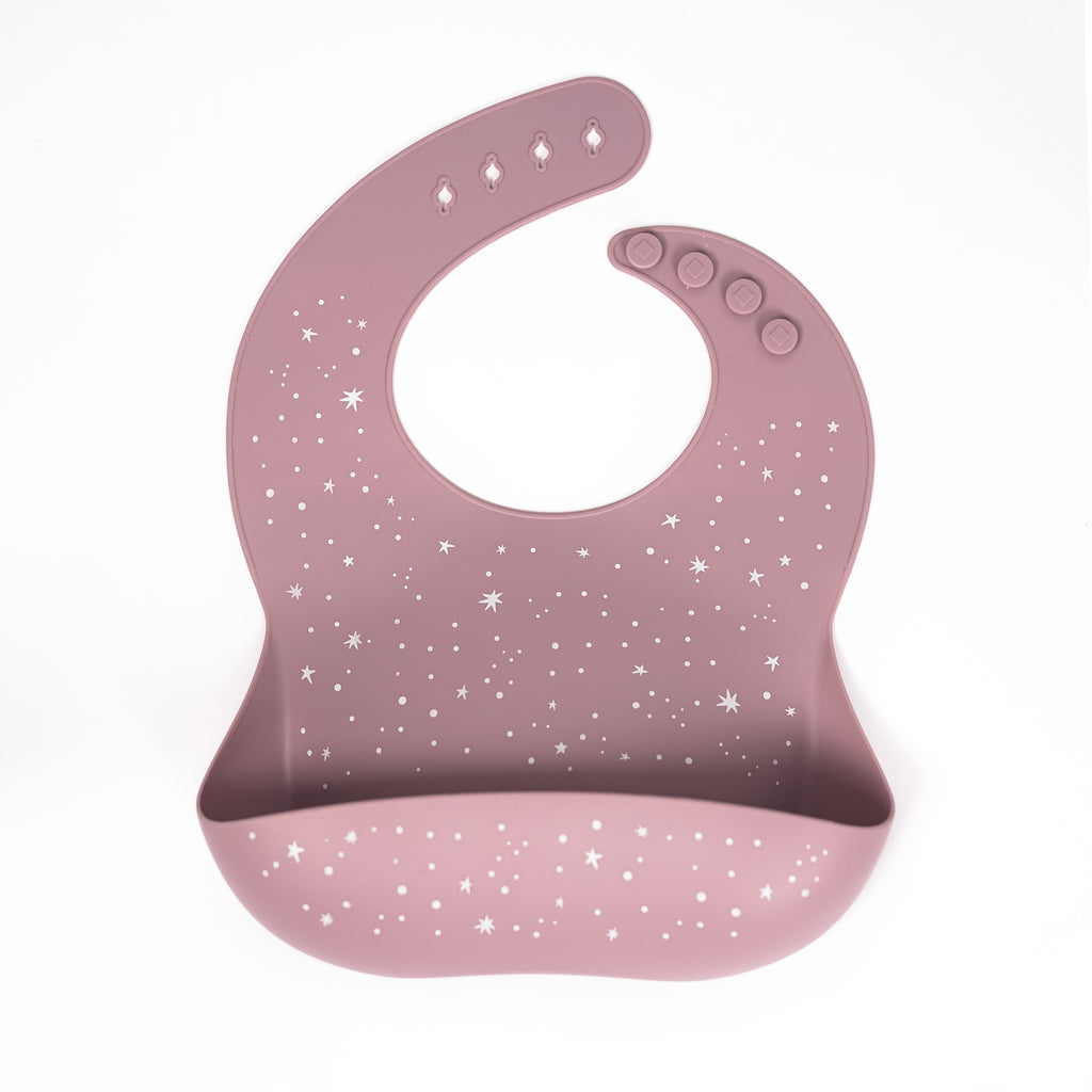 safety tested silicone bib in mauve with white twinkle stars all over